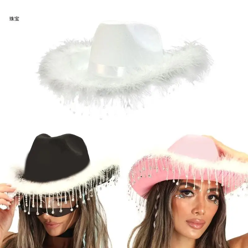 

X5QE Pink Cowboy Caps Western Cowgirl Hat for Women Girl Photo Props Tassels