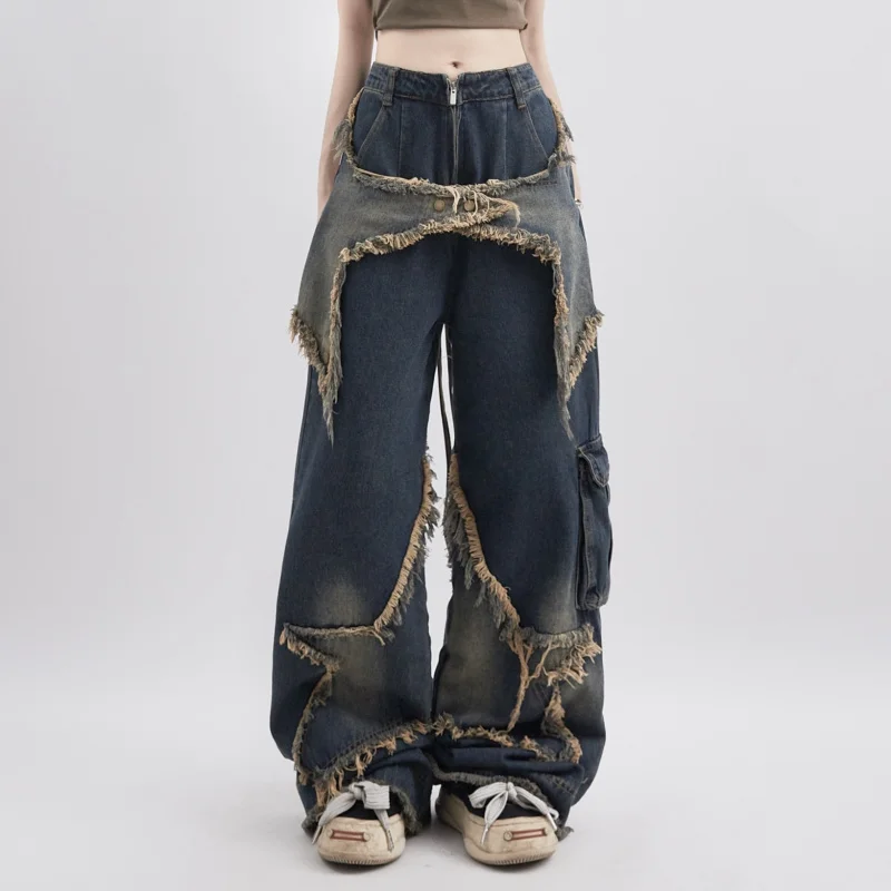 

Women Blue Jeans Contrasting Colors High Waist American Street Wide Leg Pants Fashion Hip Hop Vintage Straight Autumn Trousers