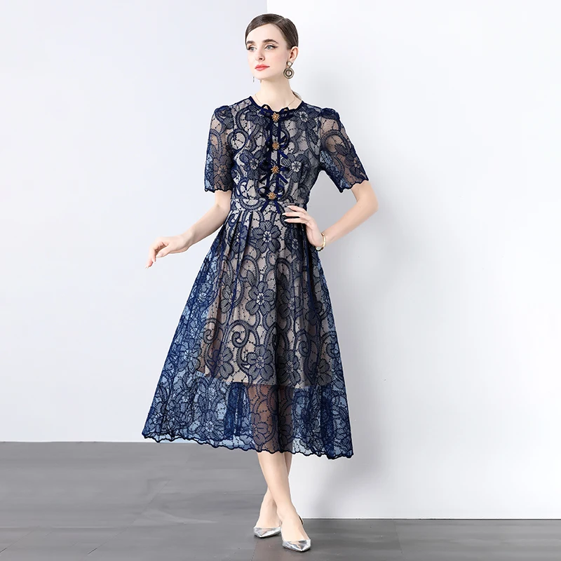 Summer Elegant Short Sleeve Lace Embeoidery Flower Party Dresses for Women