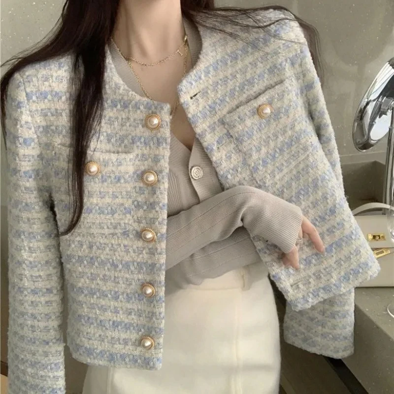 Romantic Tweed Style Blue Pearl Button Jacket For Women Spring Autumn New Round Neck Long Sleeve Woven Suit