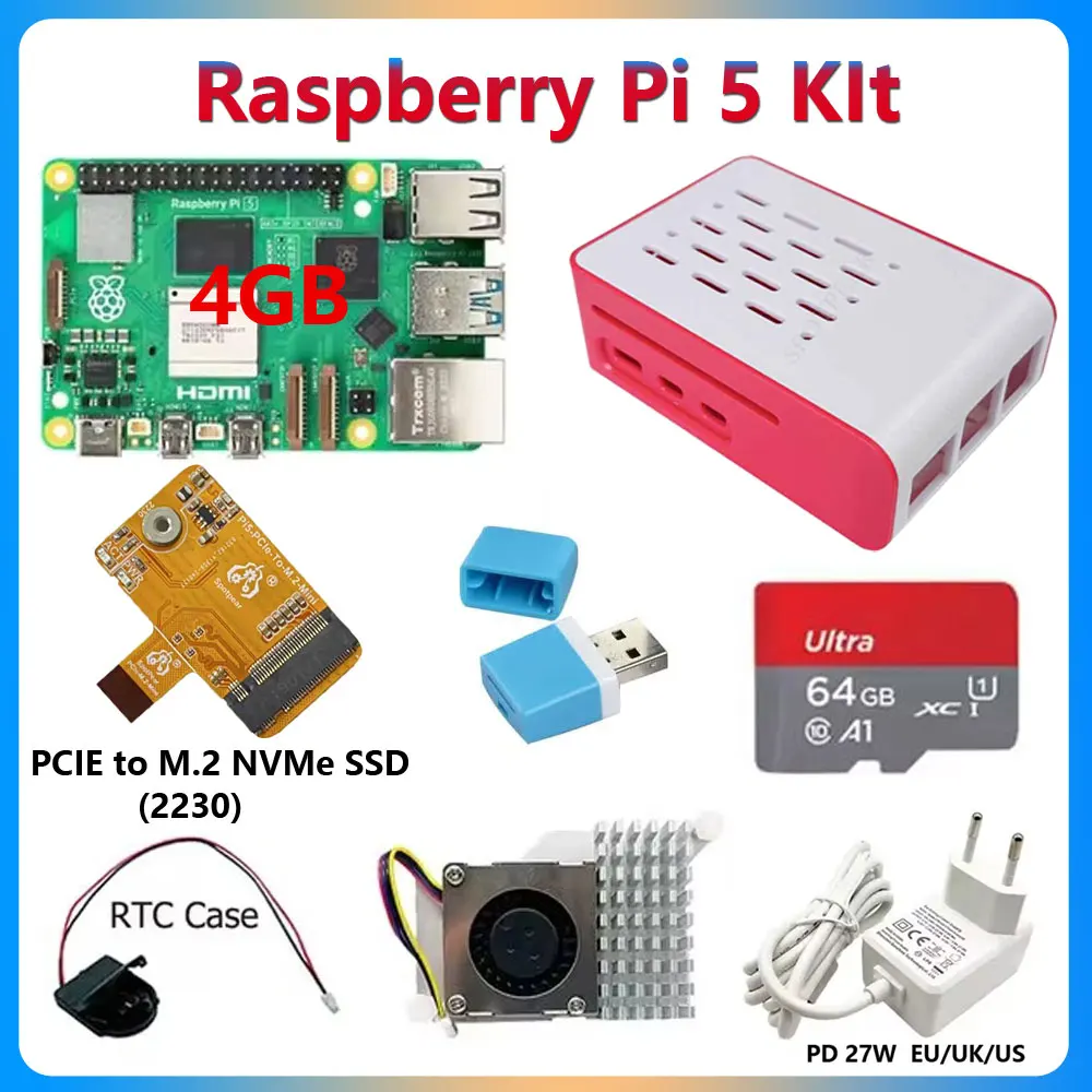 Imagem -05 - Kit Raspberry pi 8gb 4gb Mais Pcie para M.2 Nvme Ssd 2230 Mais 27w de Potência Mais Caixa Pi5 Vermelho-branco Mais Cartão 64gb Mais Leitor de Cartão Mais Cartão rc Mais Dissipador de Calor