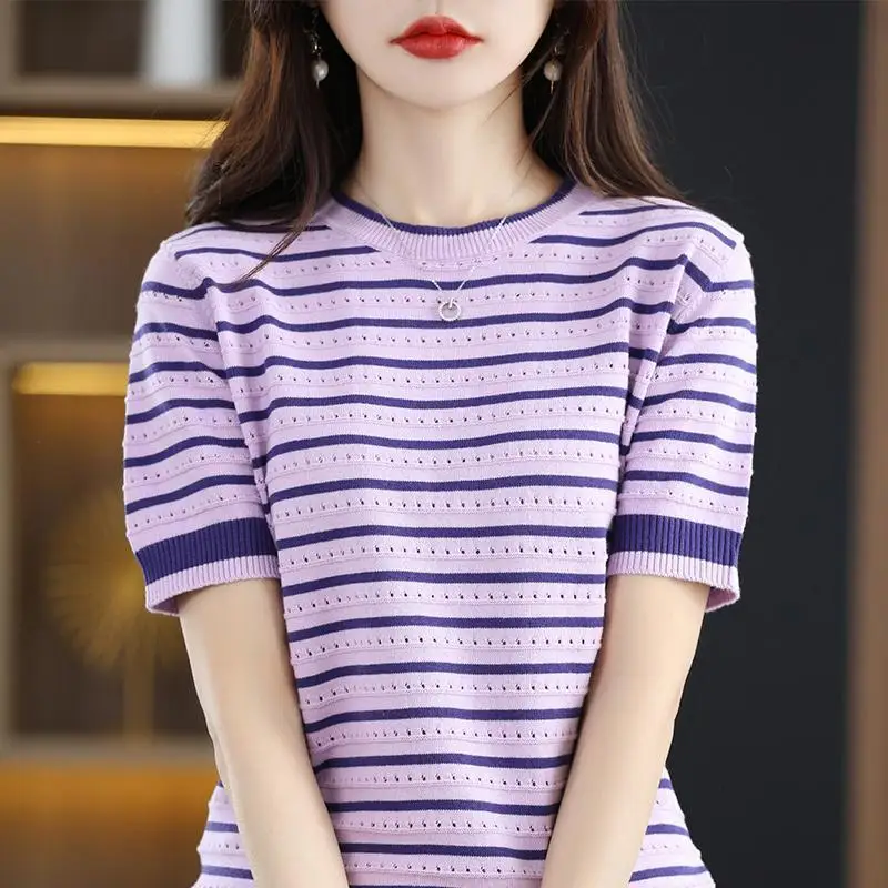 Summer Women Vintage Striped T-Shirt Korean All-match Hollow Out Fashion Short Sleeve O-Neck Loose Casual Knitted Pullover Tops