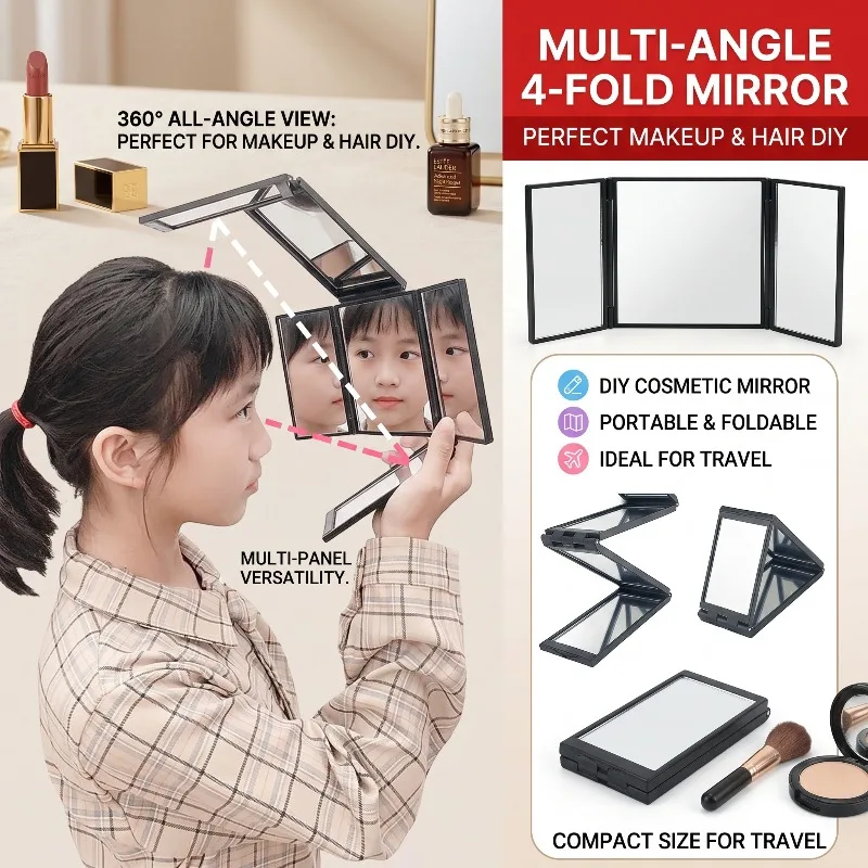 New Multi Angle 4 Face Foldable Mirror Portable DIY Makeup Compact Glass Folding Tiny Mirror Four Sided Beauty Mirror