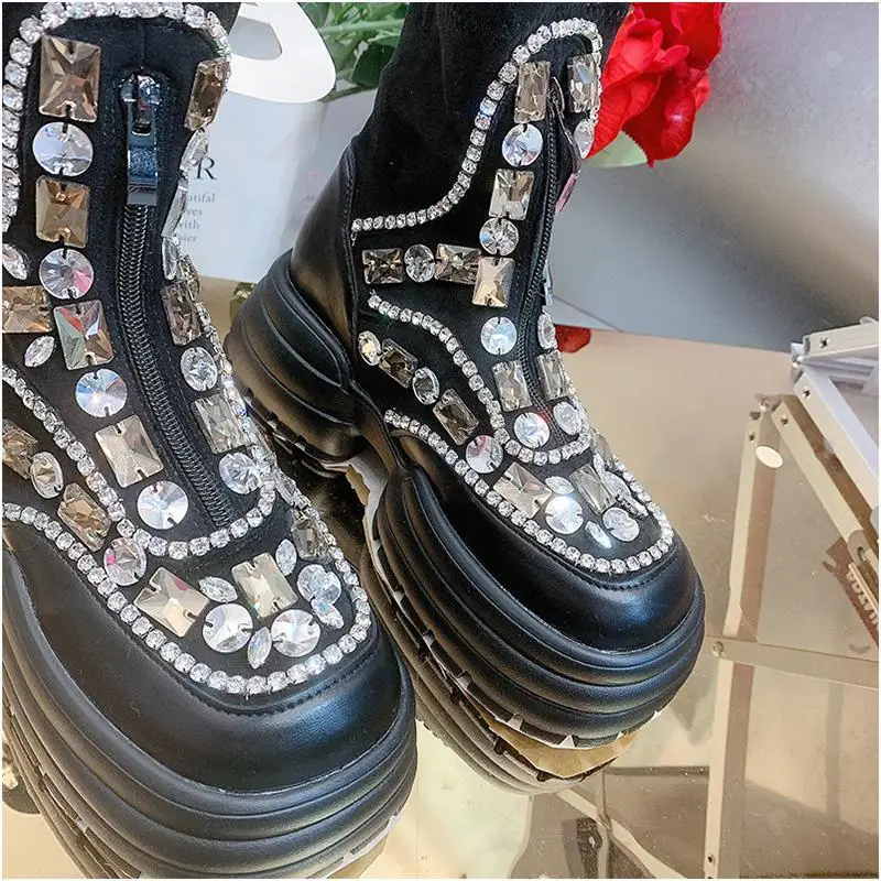 Luxury Punk Design Bling Rhinestones Crytal Beaded Women Fashion Ankle Boots Platform Thick Bottom Casual Shoes Female Footwear