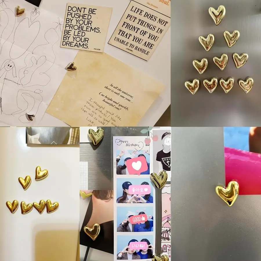 1/5/10/20/50/100pcs Cute Heart-shaped Decorative Magnets, Golden and Silvery Refrigerator Magnets, Small Home Kitchen Magnet Set