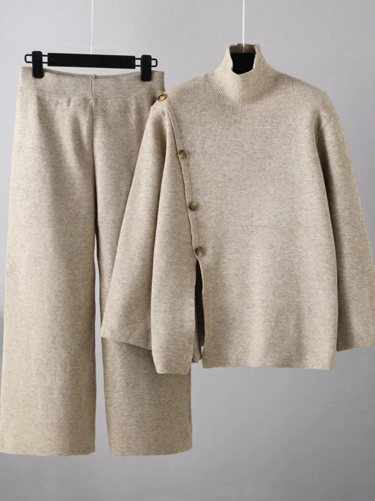 Women's Wide Leg Pant Set High Collar Pullover Knit Sweater Loose Casual Fashion 2 Pcs Autumn Winter Outfit