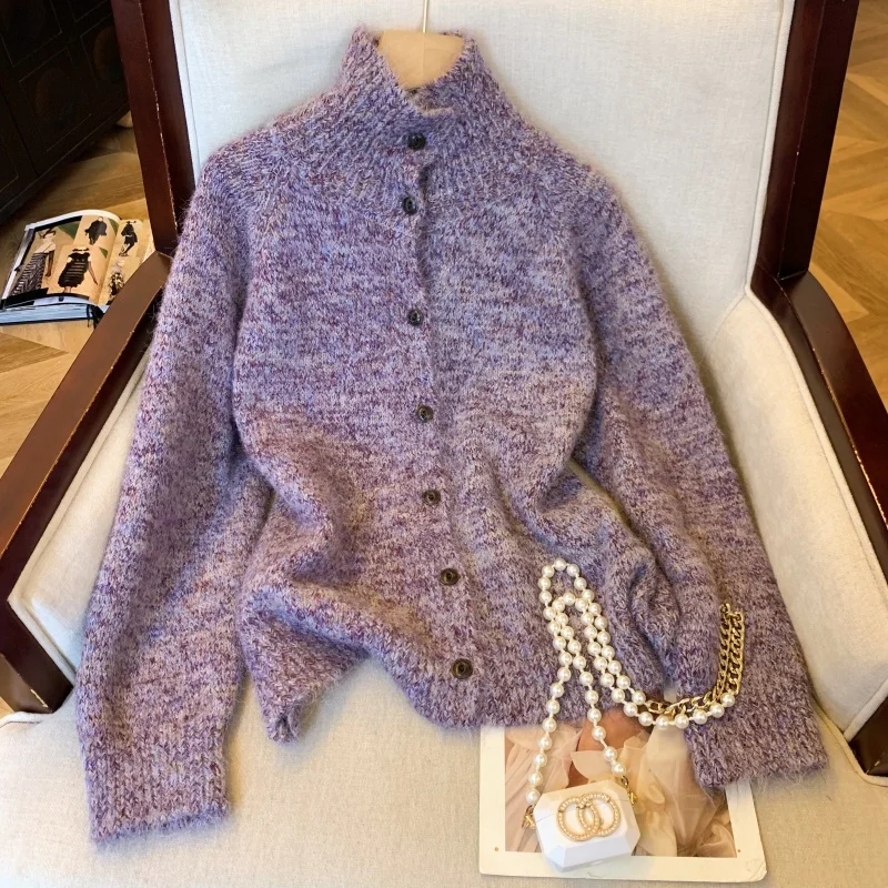 

Женский фиолетовый вязаный кардиган, свитер, винтажный джемпер, вязаная водолазка с длинными рукавами, кашемировый свитер, осень-зима, одежда 2000-х годов