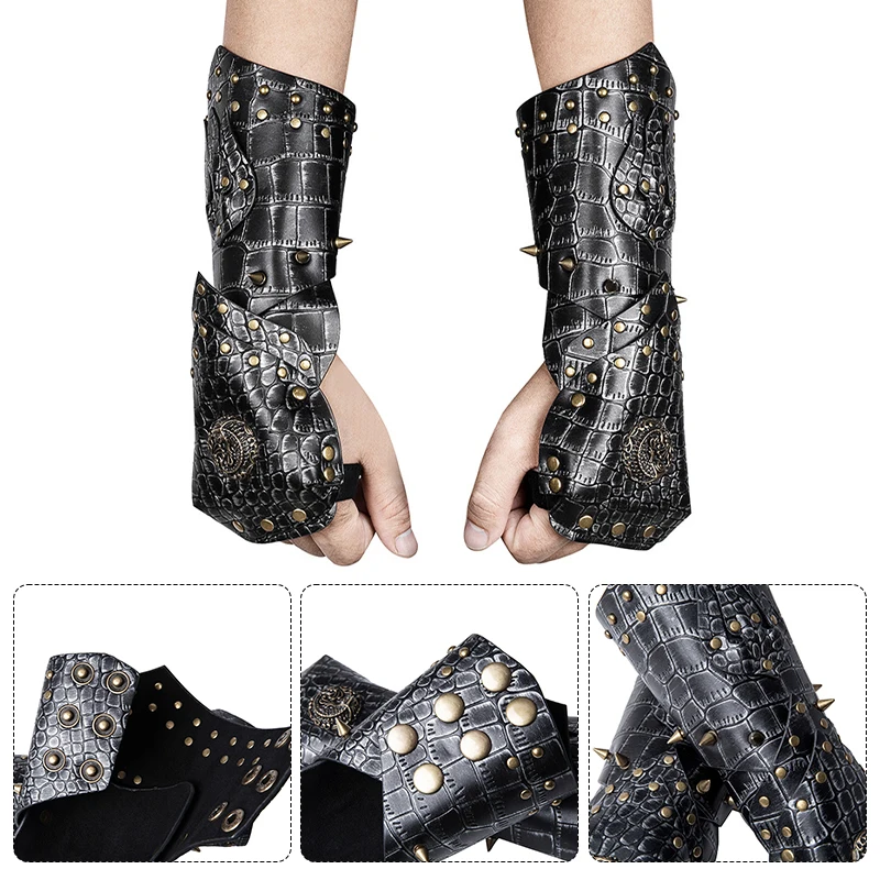 Medievale in pelle nera rivetto manica braccio cinturino da polso Steampunk Halloween Party Pattern bracciale uomo donna Costume Cosplay Prop