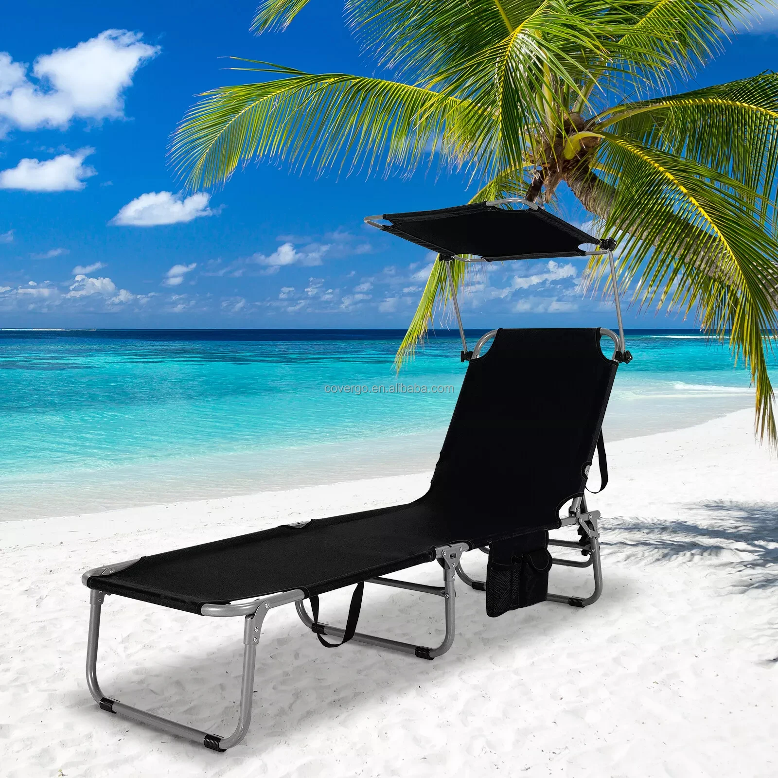 

Wholesale Outdoor Adjustable Portable Folding Camping Travel Sunshade Sea Recliner Lie Flat Bed Beach Chair With Canopy