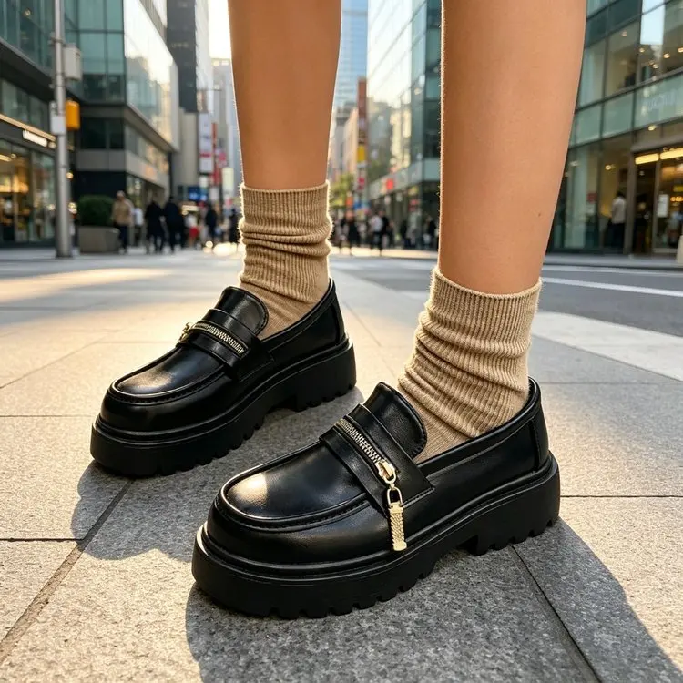 British Style Black Durable Leather Shoes with Thick Soles, New Spring College-style JK Lightweight Sneakers