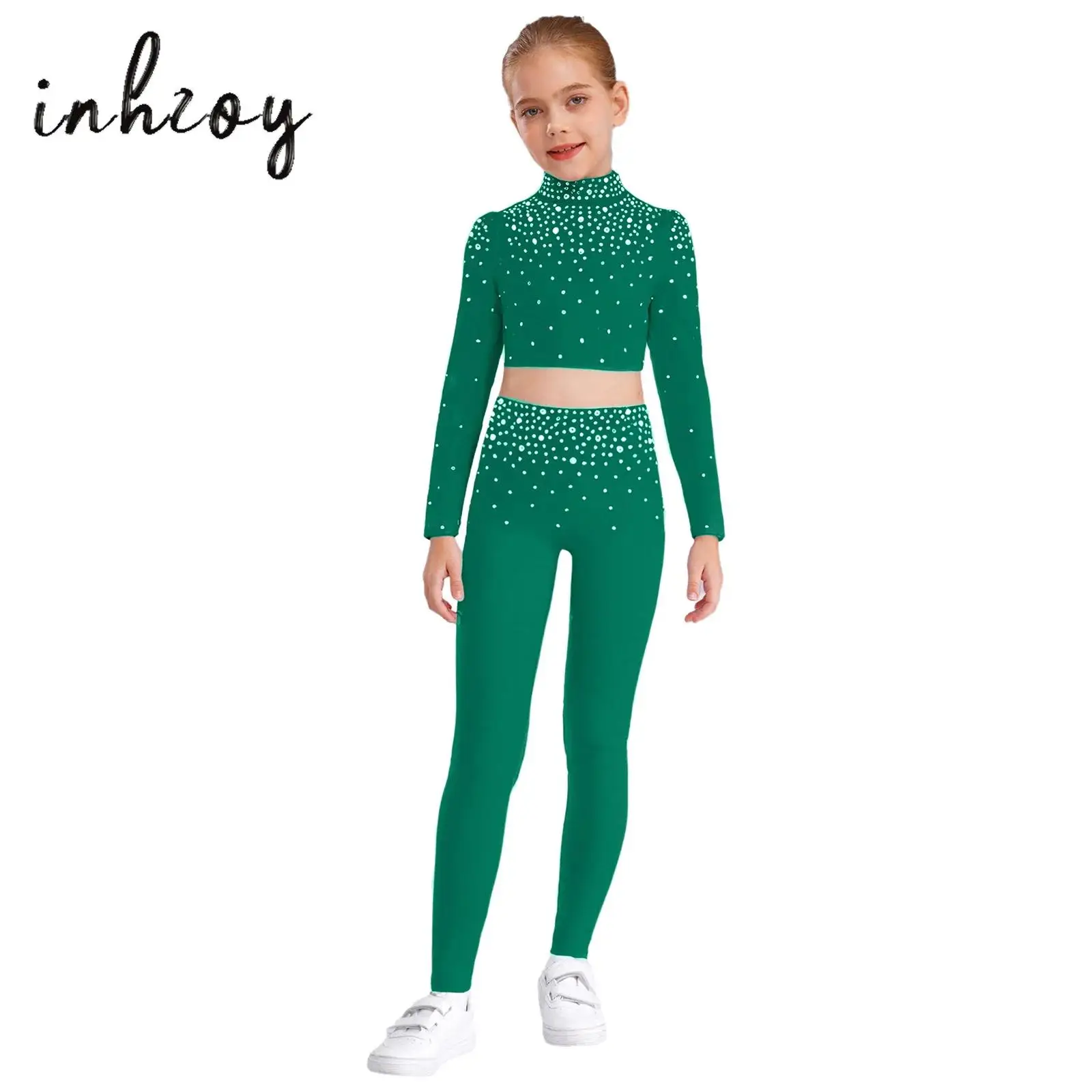 

Kids Girls Gymnastics Ballet Costumes Sparkling Rhinestones Long Sleeve Keyhole Back Metallic Crop Top+Pants Jazz Dance Outfit