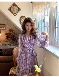 Women Elegant Chic V-neck Floral High Waist Long Dress Ladies Purple Slimming Chiffon Vestidos Princess Dresses