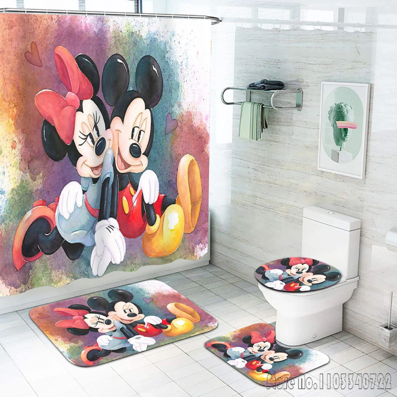 Disney Mickey Minnie Mouse Anime Bath Shower Curtain Set 4pcs with Hooks Waterproof Bathroom Toilet Mat Lid Decor