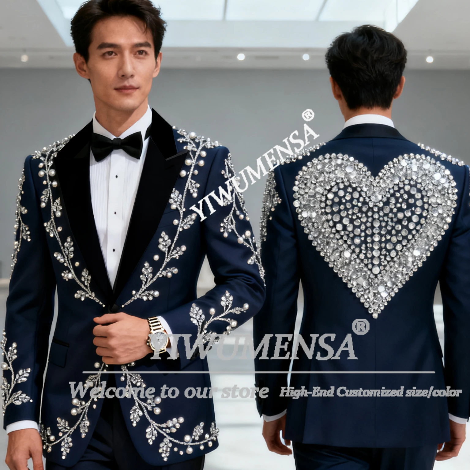 

Unique Design Men's Suits Diamond Beaded Groom Prom Blazers Customized 2 Pieces Sets Shawl Lapel Jacket Pants Wedding Tuxedos