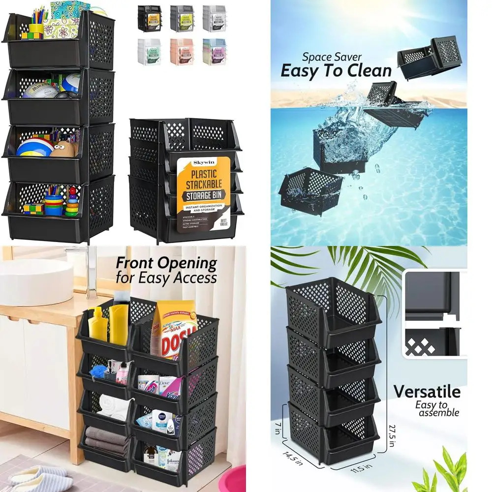 

Stackable Pantry Bins for Food Storage, 4-Pack Organizers, Kitchen & Home Storage Solutions (Black)