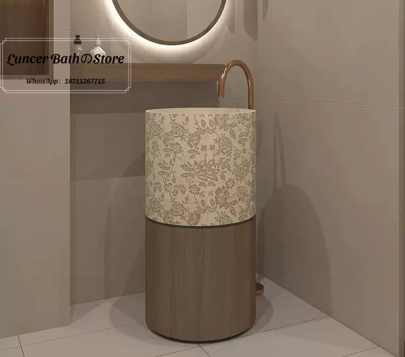 New Chinese Retro Sink Basin, Square Round Ceramic Washbasin, Freestanding Art Column Pedestal Sink with Wood Grain