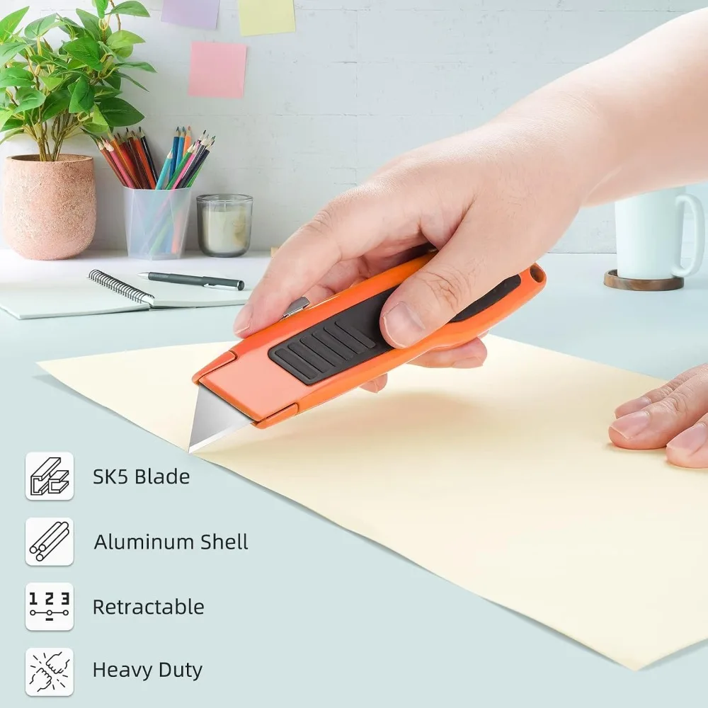 4 Pack Retractable Box Cutters, Utility Knives with 10 Blades, Heavy Duty for Cardboard, Carpet, Paper view 3