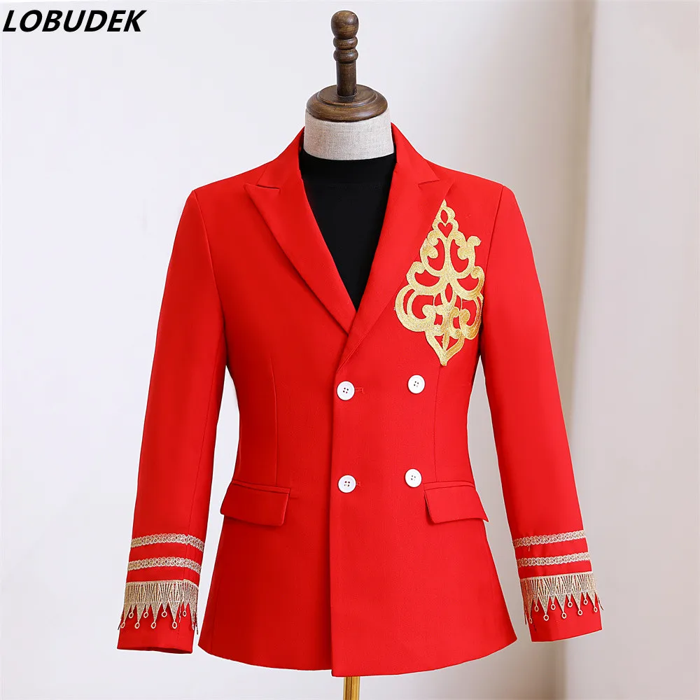 

Men' Fashion Wedding Suit Jackets Red Embroidery Decal Double Breasted Blazers Groomsman Tuxedo Singer Stage Performance Coat