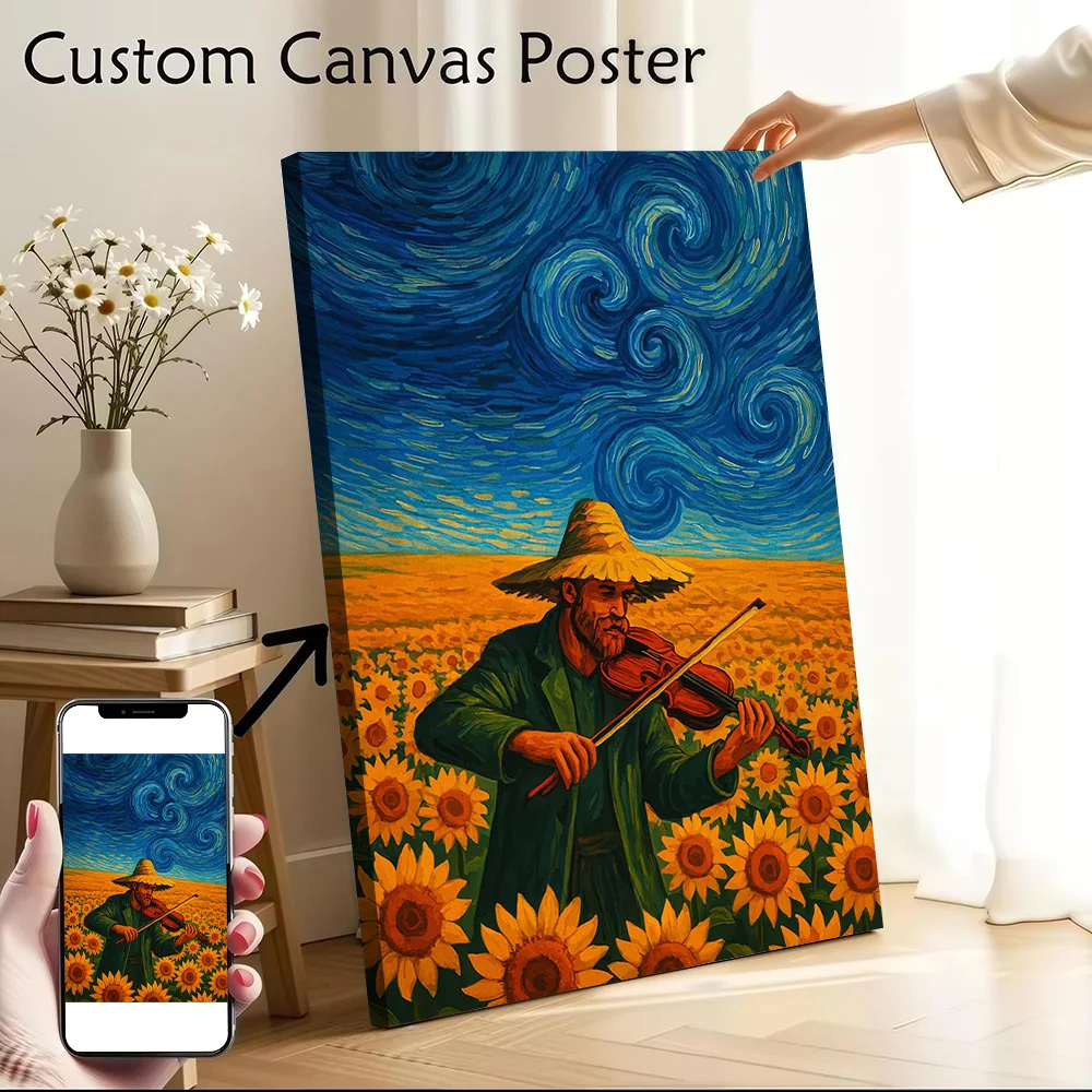 Sunflower Field Violinist in Van Gogh Style Printed Canvas Poster Personalized High Quality Wall Art Paintings for Decor Luxury