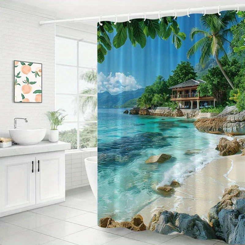 1pc Tropical Beach House Shower Curtain - Vibrant Coastal Island Scene with Thatched Roof Cottage, Turquoise Waters & Coral Reef