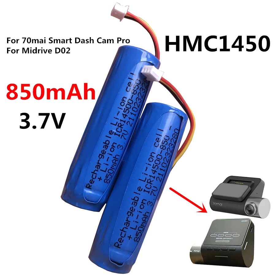 2PCS 3.7V 850mAh Li-ion HMC1450 Battery For 70mai Mini Dash Cam,T01 Tire Pressure Monito , 70mai Dash Cam A800 A800S Accumulator