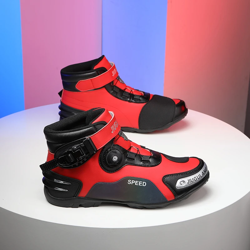 Men Top Grain Leather Motorcycle Training Boots Ankle Protective Non Slip Durable Breathable Riding Shoes