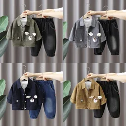 Autumn 2024 Korean Toddler Baby Boys 3PCS Clothes Set Printed Tops Cartoon Coat Stretch Jeans Suit Kids Boys Outfits