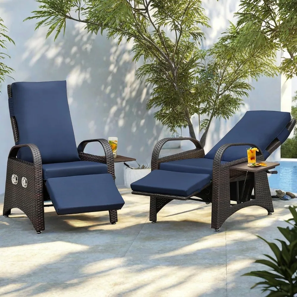 

2 Pieces Outdoor Patio Recliner Chairs Set, Independently Adjustable Backrest and Footrest Patio Wicker Reclining Lounge Chairs