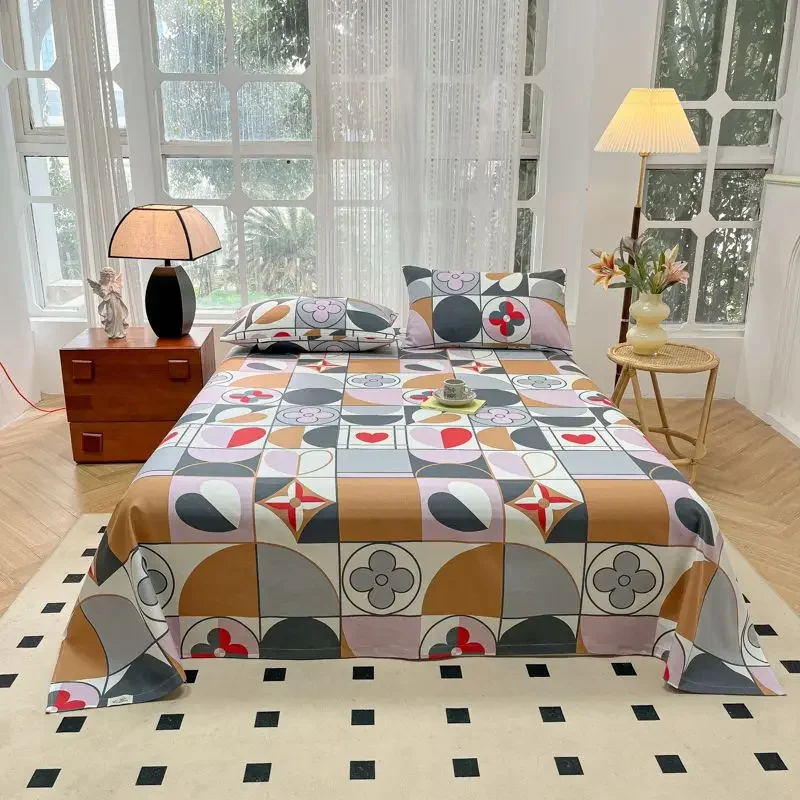 Colorful Geometric Pattern Bed Sheet Set 100% Cotton High Quality Thickness Bedding Set Breathable Soft Flat Sheet Pillowcases