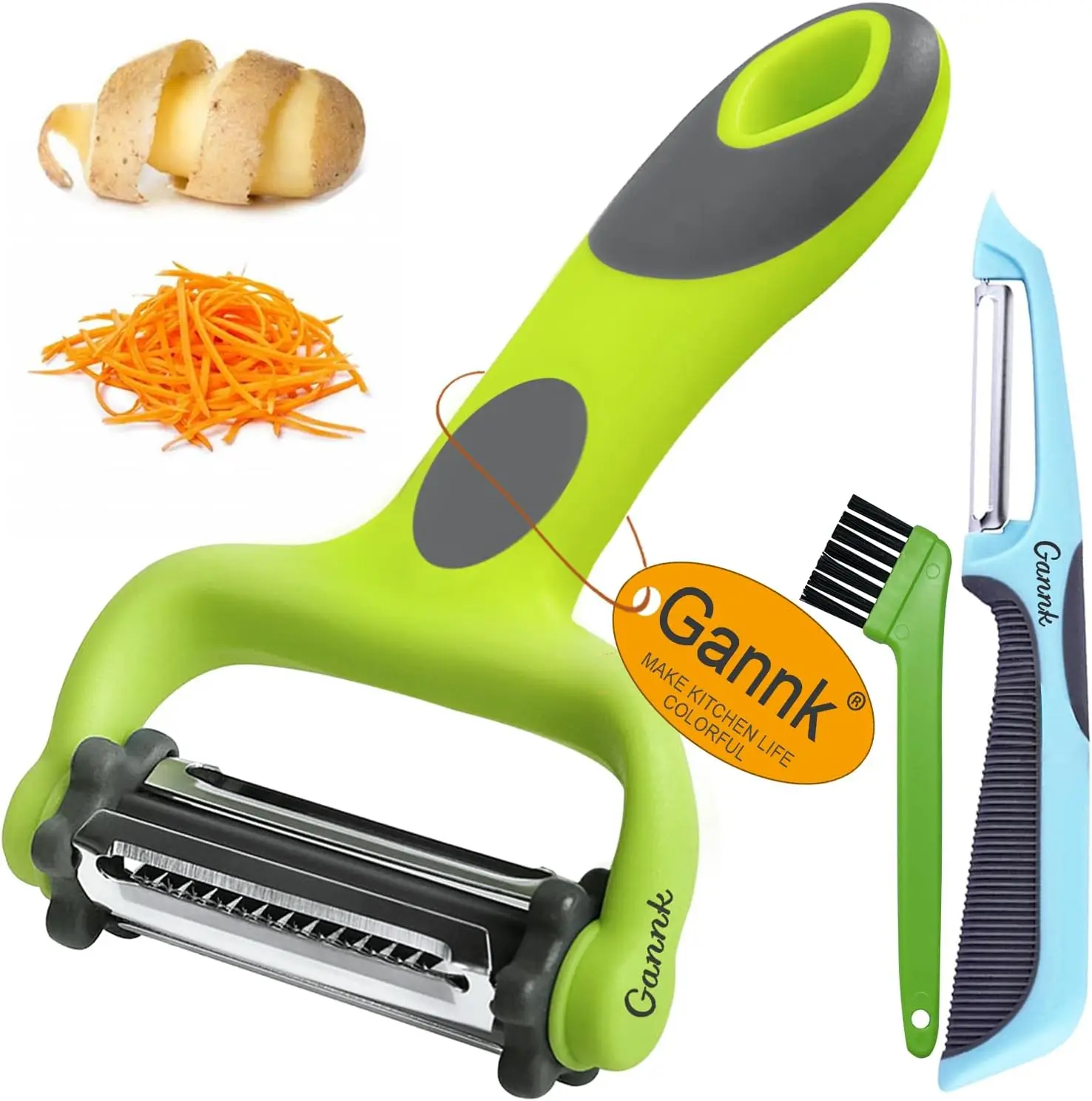 Pelador de Patatas, Manzanas y Verduras 3 en 1 con Cuchilla para Juliana, Diseño Ergonómico Giratorio para Cocina