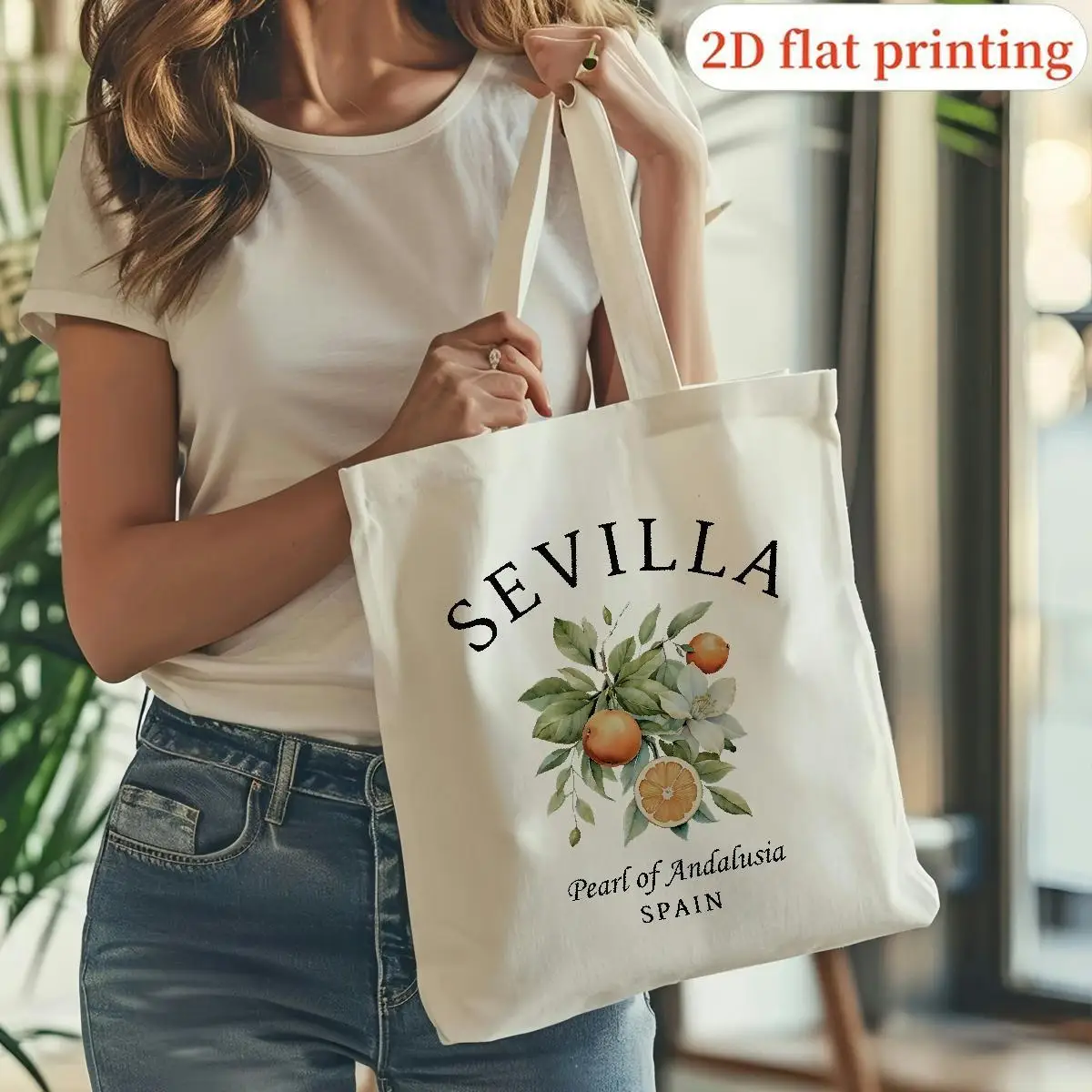 2D Flat, Sevilla Spain-Inspired Tote Bag - White Polyester Handbag with Black & Orange Print, Unisex Design for, Travel, Beach -