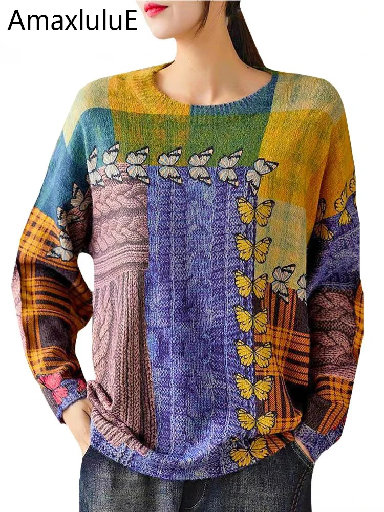 

Amax luluE Winter Korean Design New Sweaters 2024 Womens Printed Butterfly Jumpers Loose Patchwork Clothes Leisure Punk Pullover