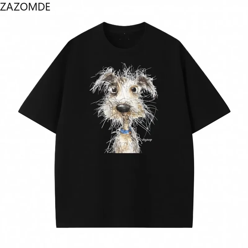 ZAZOMDE  Unique Scribble Art T-Shirt Creative Hand Drawn Messy Dog Print Original Sketch Design Casual Street Top 2026 Summer