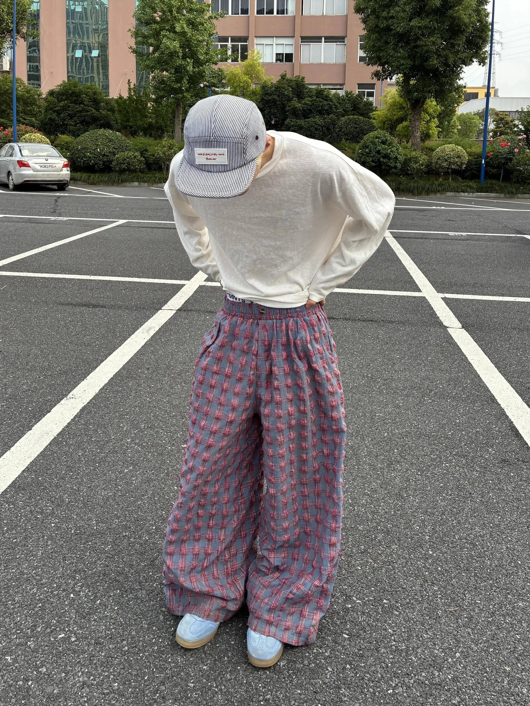 American Streetwear Retro Lazy Holiday Plaid Bubble Cloth Casual Pants Unisex Drawstring Loose Straight Leg Long Trousers