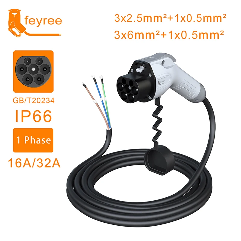 feyree GB/T Plug EV Charger Cable 5m Cord 32A 7KW 16A 3.5KW 1Phase 11KW 22KW 3 Phase for Car Charger Station Electric Vehicle