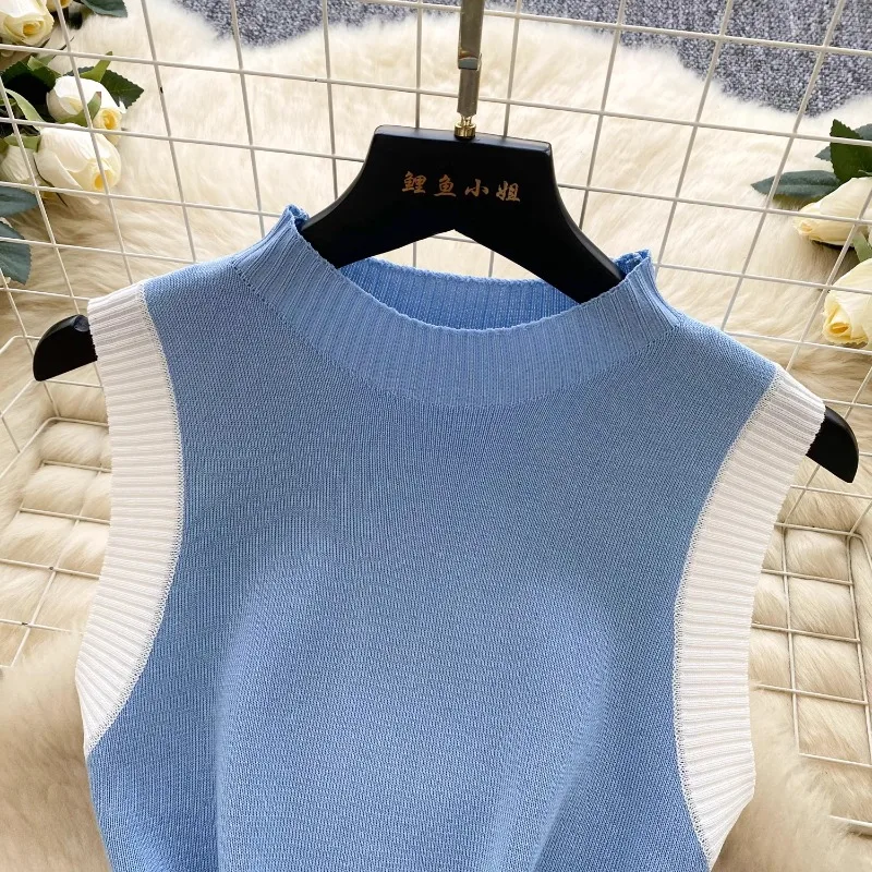 Abito lavorato a maglia senza maniche di alta qualità Abito estivo da donna vintage a vita stretta dimagrante con cuciture a contrasto di colore