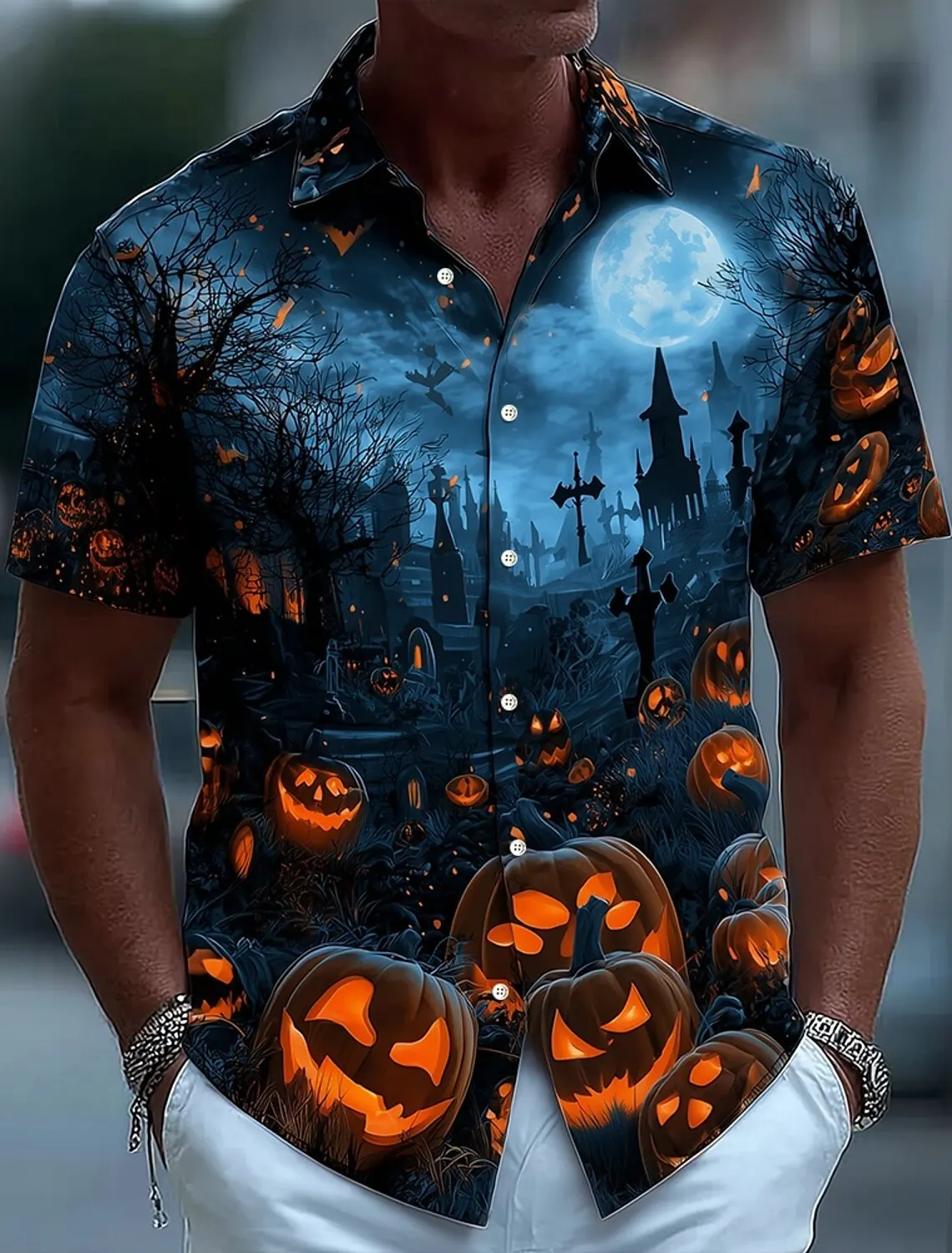 Halloween Herren Halloween Castle Themed Shirt Button Up Shirt Kurzarm Dark Punk Gothic Style Urlaub Streetwear Sommer