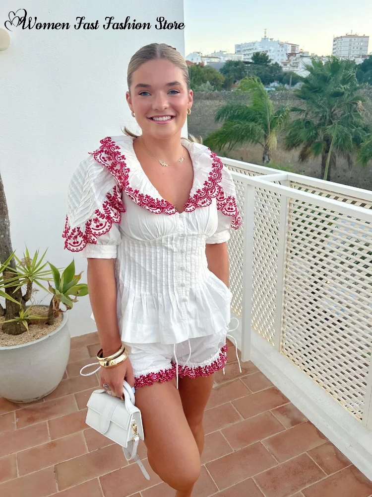 Slim Peter Pan Collar Women's Shirt Shorts Set Sweet Single-breasted Short Sleeve Top Lace-up Short Pants 2026 Summer New Outfit view 6