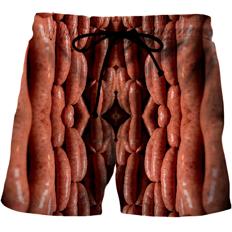 New Gourmet Food Graphic Beach Grilled Sausage Shorts For Men 3D Printed Sausage Boardshorts Men Women Meat Sausage Short Pants