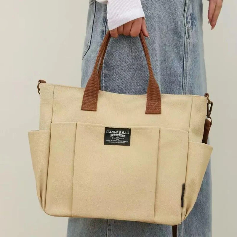 1PC Portable Tote Bag Female Student Large Capacity Commuting Horizontal Canvas Single Shoulder Diagonal Cross Bag