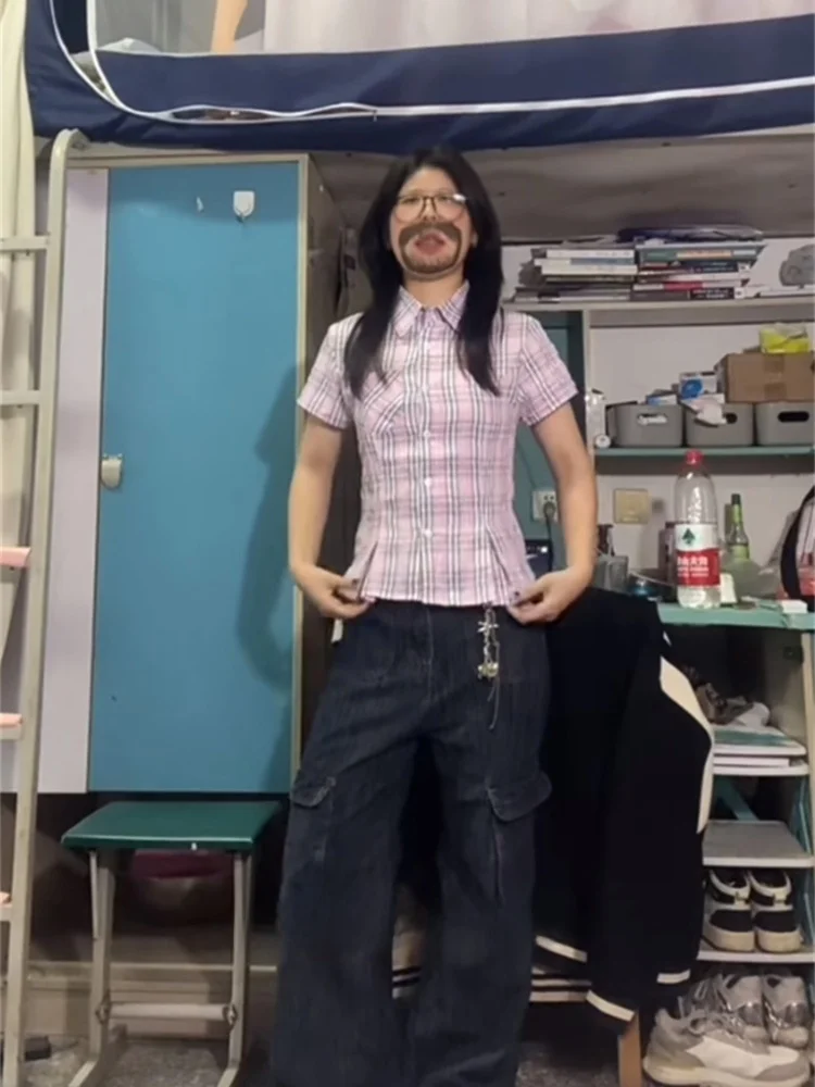 Pure Desire Ragazza sexy che impiegano la vita Plaid rosa ort Sve irt Top casual slim fit da donna coreano Sle Pendolarismo Vento