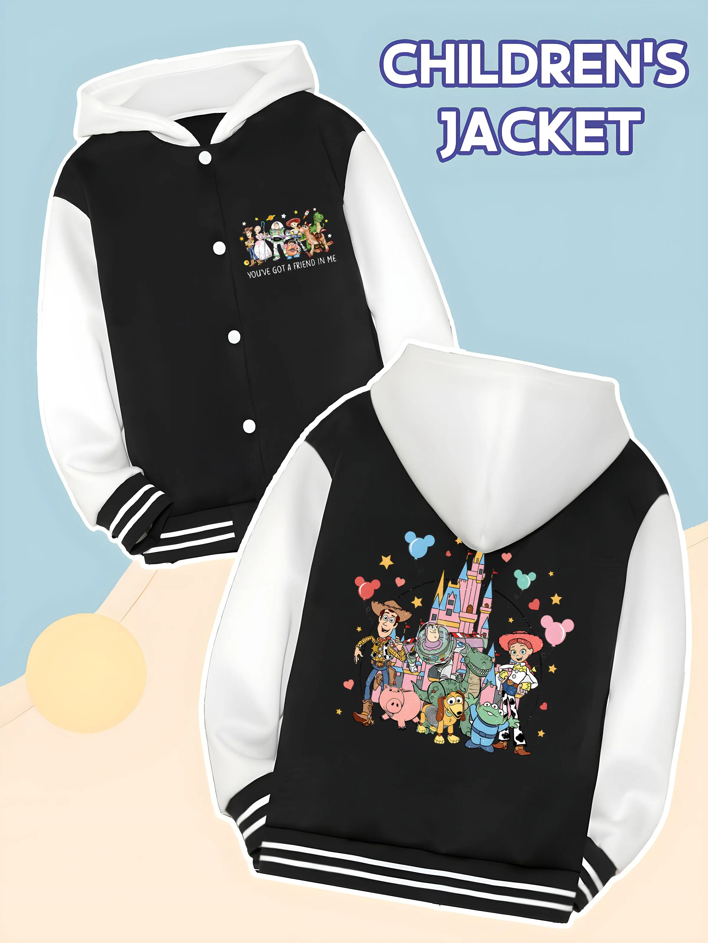 

MINISO Disney Toy Story themed baseball jacket for boys - toy family and castle print, perfect for school and outdoor play