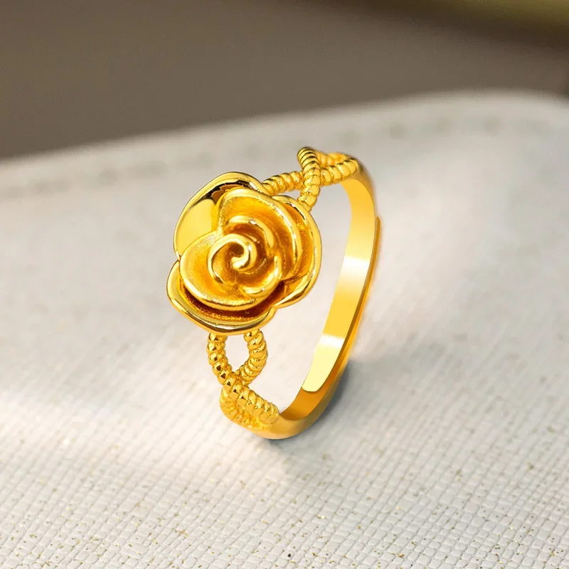 NovaGlod 9999 24 real gold rose flower twist ring, fashionable light luxury temperament, high-end sense hollow design live mouth