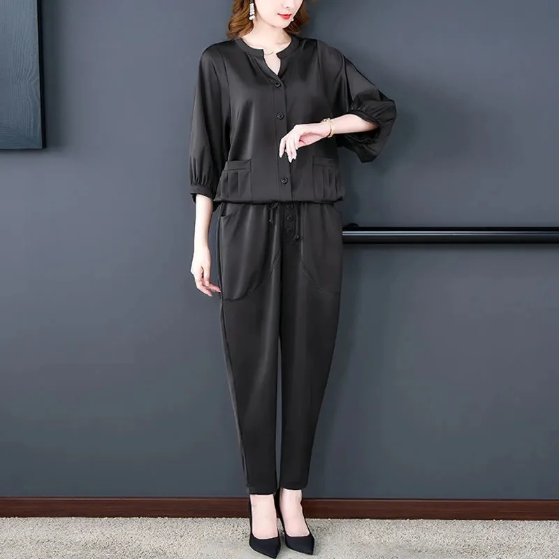 Literary Art Style Simple Korean Version Popular High Grade Round Neck Casual Cardigan Slim Top Foreign Harlem Pants Mom's Set