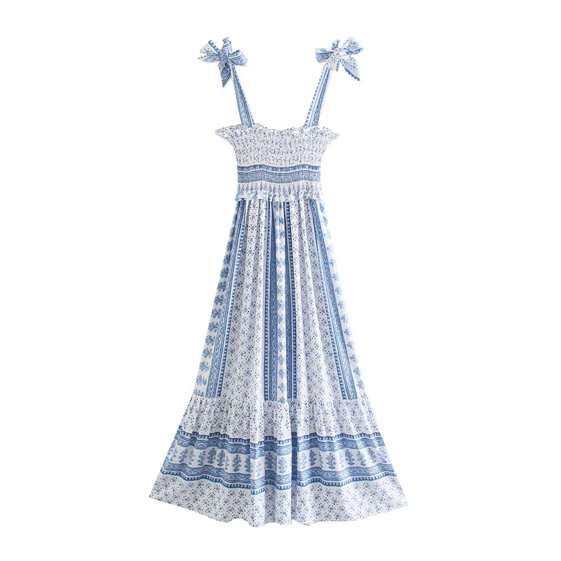 Summer Women's New Elastic Wrap Large Swing Dress French Pleated Celadon Printed Seaside Resort Style Halter Dresses