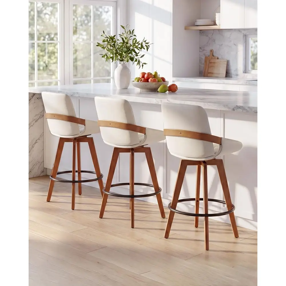 

Set of 3 Swivel Leather Bar Stools with Back, 30 Inch High, Walnut Wood for Kitchen Island