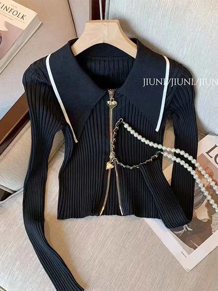 Women Black Gothic Cardigan Cashmere Sweater Harajuku Korean Y2k Long Sleeves Sweaters Jumper Vintage 2000s Clothes Autumn 2024