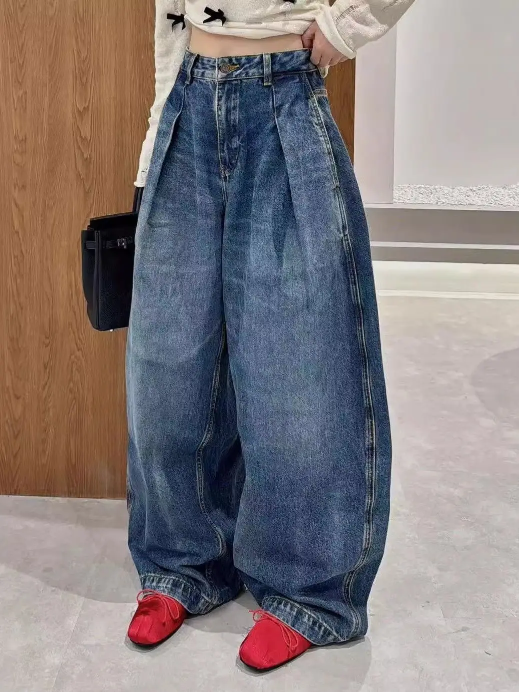 American Retro Washed Curved Knife Floor Length Pants For Women In Plus Size, High Waisted Pleated Wide Leg Denim Pants