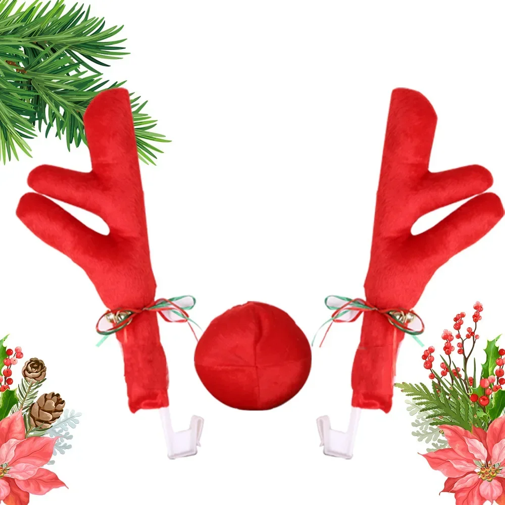 Christmas Car Reindeer Antlers Decor Set Red Nose Tail Light Funny Deer Costume Holiday Vehicle Decoration Auto Accessories