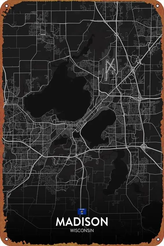 Mapa de Madison WI, póster vintage, bonito cartel de metal, regalo, novedad retro, cartel de hojalata para cafetería, tienda, garaje, cartel de 8x12 pulgadas